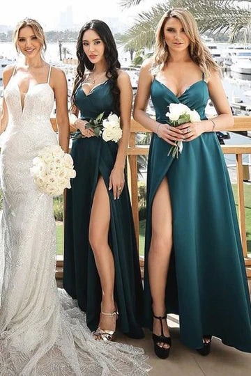 Dark Green Satin V-Neck Straps Retract your waist Bridesmaid Dress with Slit