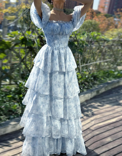 A Line Off The Shoulder Long Tiered Long Prom Dress