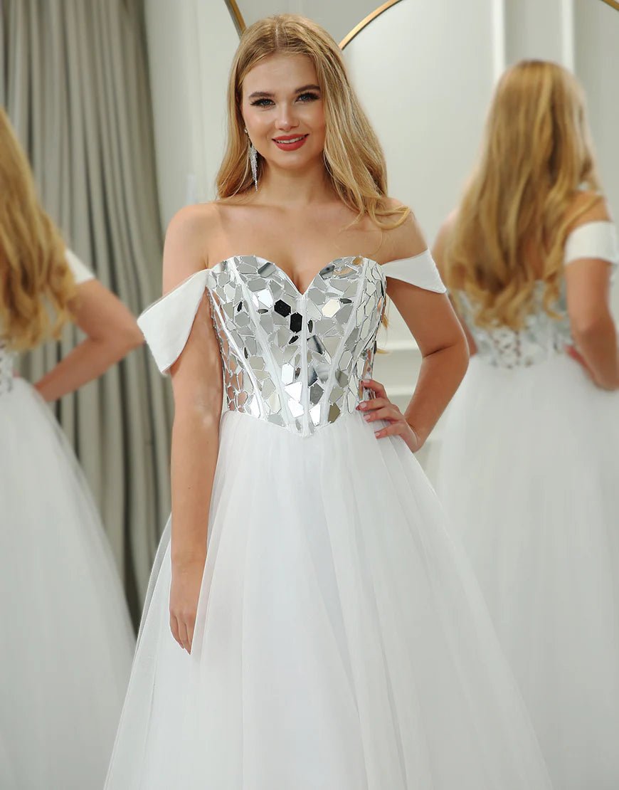 A Line Off the Shoulder Long Mirror Prom Dress