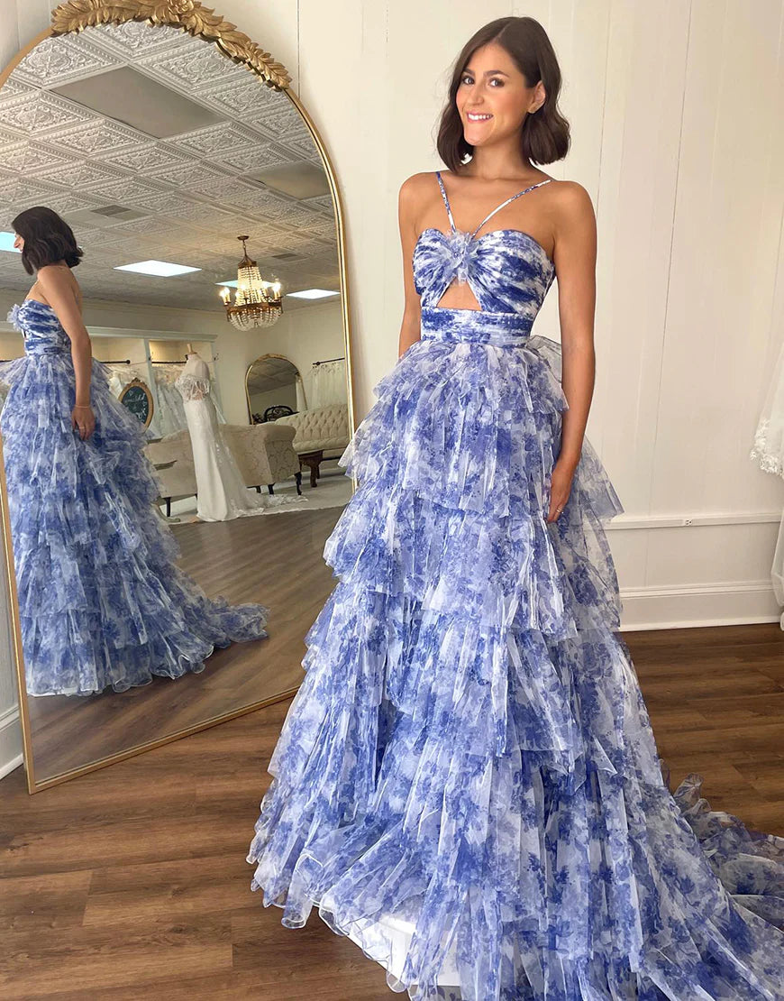 A-Line Halter Tiered Long Prom Dress