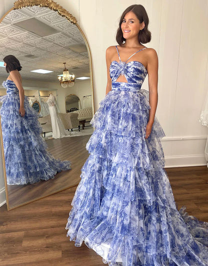 A-Line Halter Tiered Long Prom Dress
