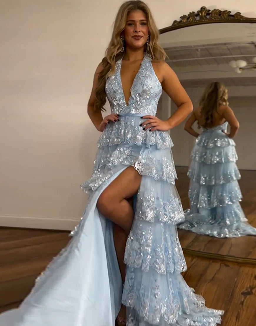 Sparkly Light Blue Halter Tiered Long Prom Dress with Slit