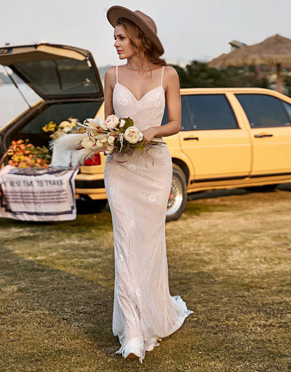 Spaghetti Straps Beach Wedding Dress With Sweep Train