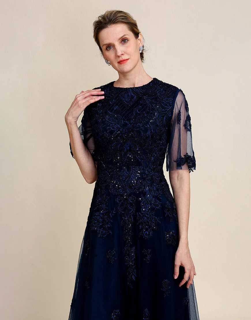 Sparkly Navy Beaded Mother of the Bride Dress with Lace
