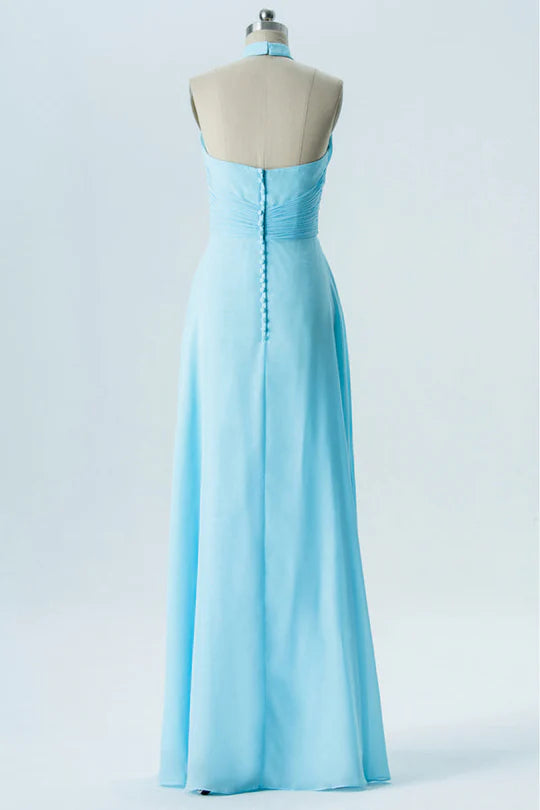 Light Blue Chiffon High Halter Collar Twist-Front Bridesmaid Dress ﻿