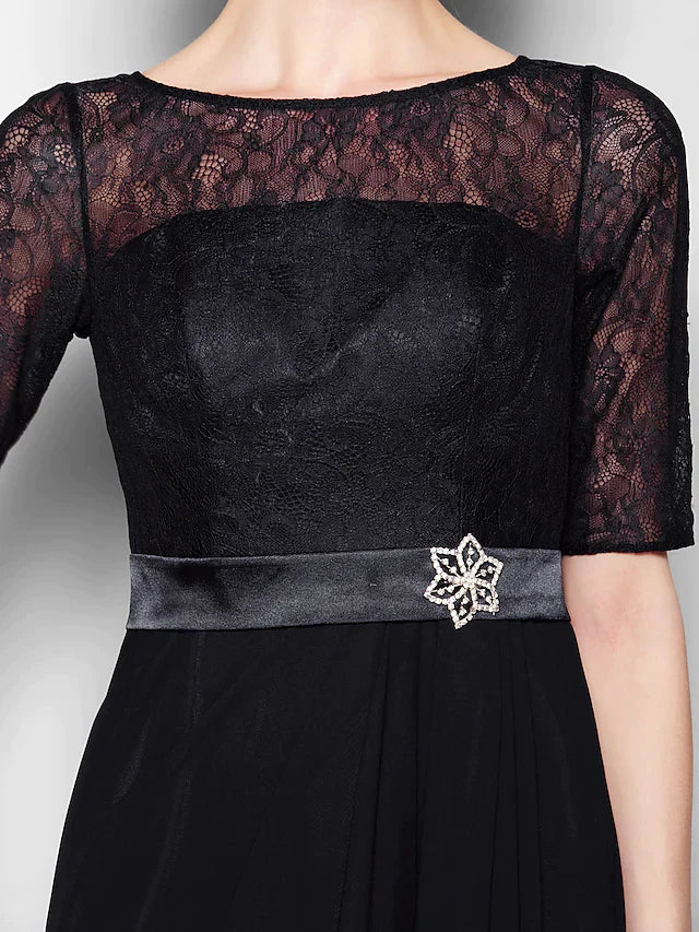 A-Line Mother of the Bride Dress Jewel Neck Floor Length Chiffon Lace Half Sleeve with Lace Sash Ribbon Crystal Brooch