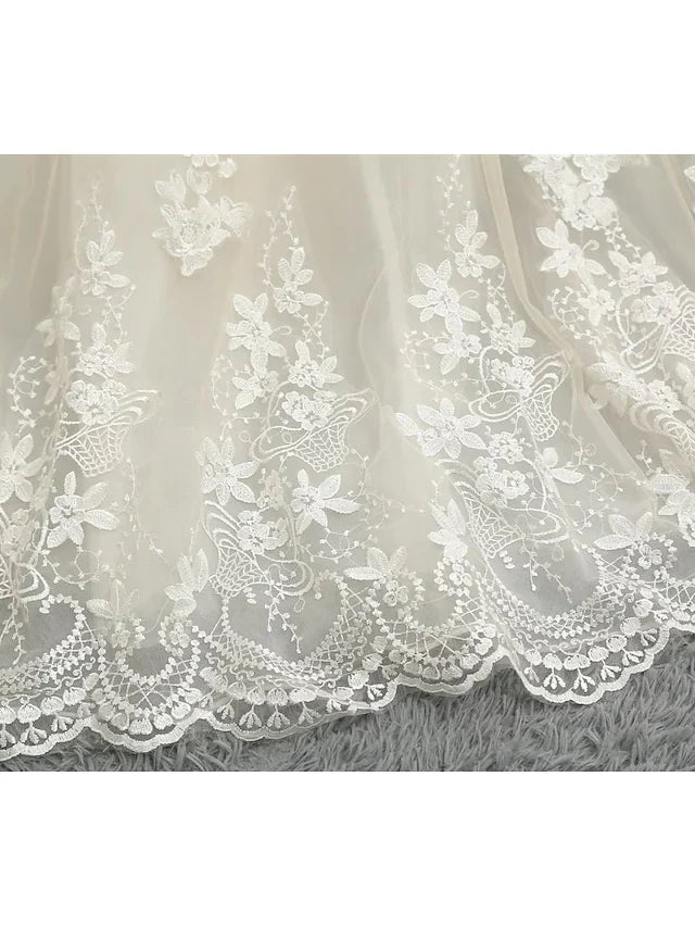 Wedding Dresses Jewel Neck Chapel Train Lace Tulle Lace Over Satin Regular Straps Formal See-Through with Sashes Ribbons Pearls Appliques