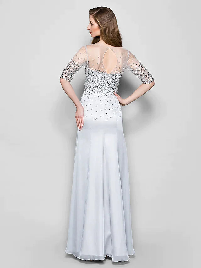 A-Line Mother of the Bride Dress Jewel Neck Floor Length Organza Half Sleeve with Beading Sequin