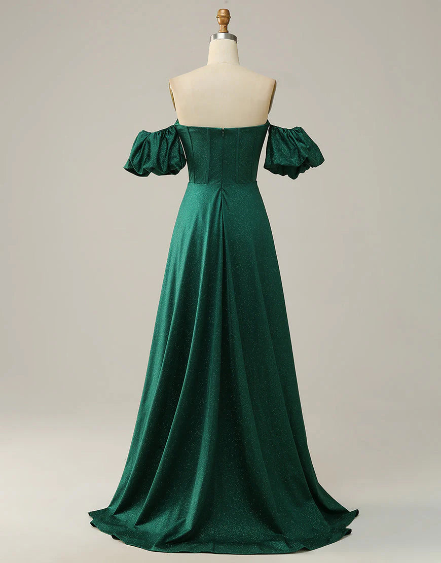 A Line Off the Shoulder Dark Green Long Prom Dress