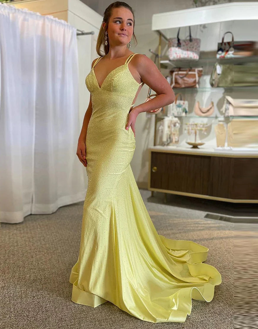 Grey V-Neck Spaghetti Strap Backless Mermaid Open Back Prom Dress