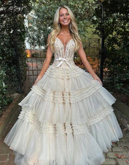 Off the Shoulder Tiered Princess Prom Dress