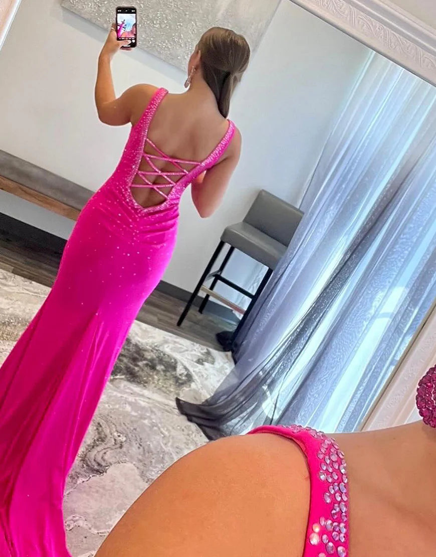 Fuchsia V-Neck Spaghetti Strap Mermaid Prom Dress with Beading