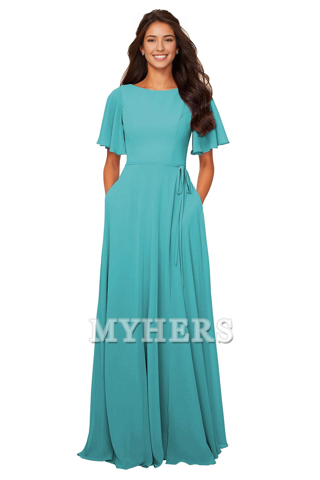 Chiffon Modest A Line Bateau Neck Flutter Sleeve Elegant Bridesmaid Dresses Wedding Guests Dresses
