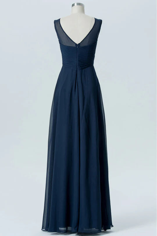 Navy Blue Round neck Chiffon Sleeveless Pleats Sweetheart Bridesmaid Dress