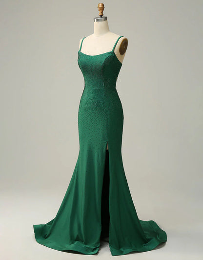 Mermaid Spaghetti Straps Dark Green Long Prom Dress with Beading