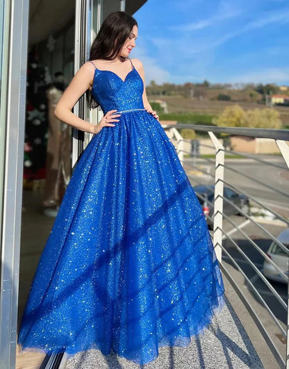 Sparkly A Line Spaghetti Straps Long Prom Dress
