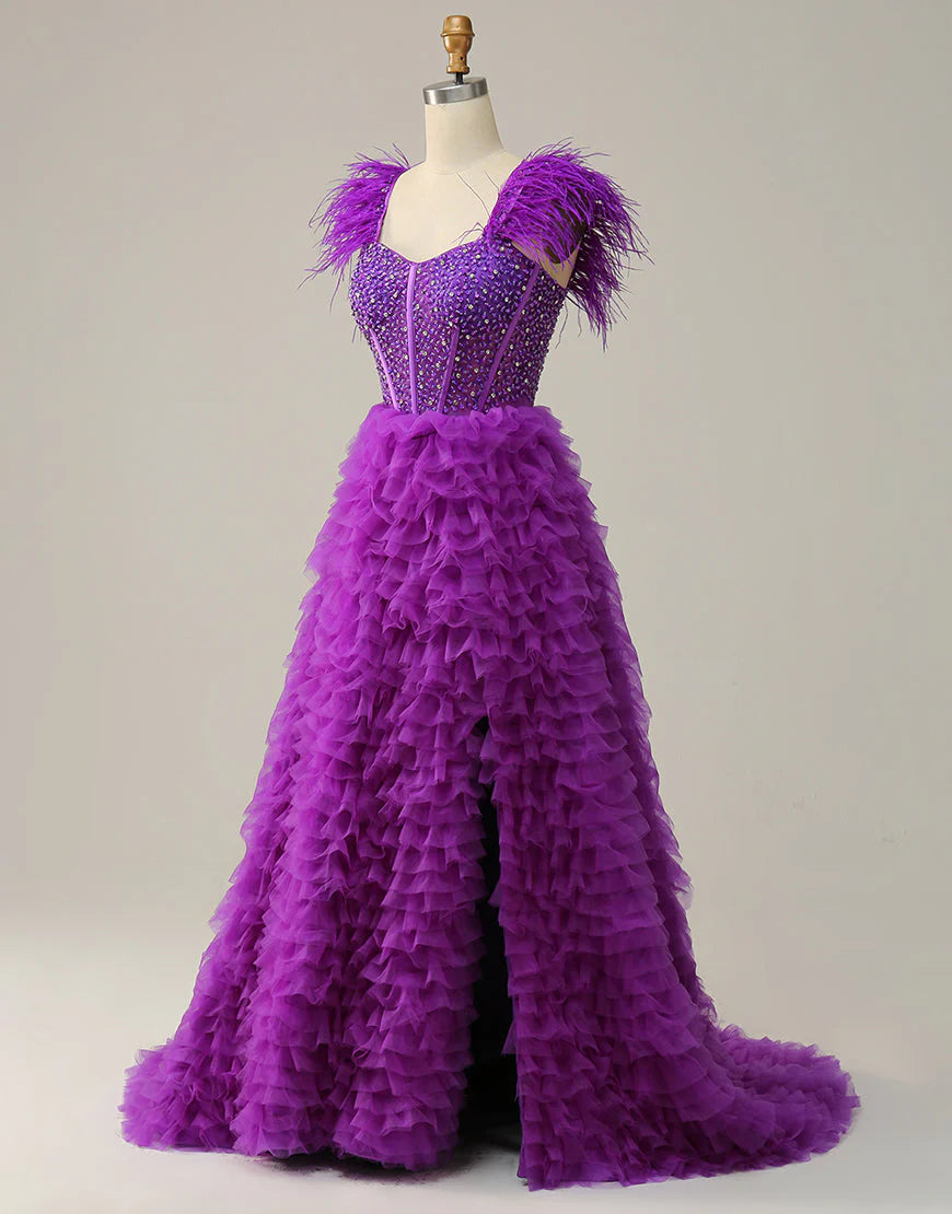 A Line Sweetheart Purple Long Prom Dress with Beading Feathers