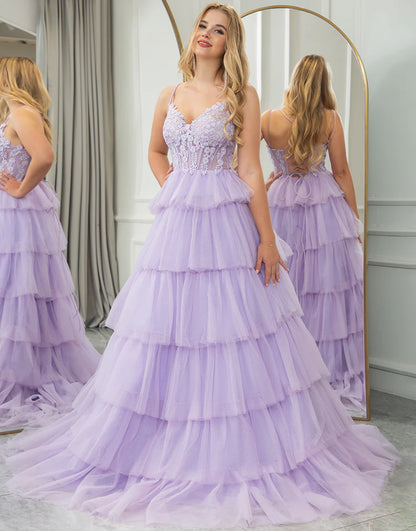 A Line Tiered Long Prom Dress With Appliques