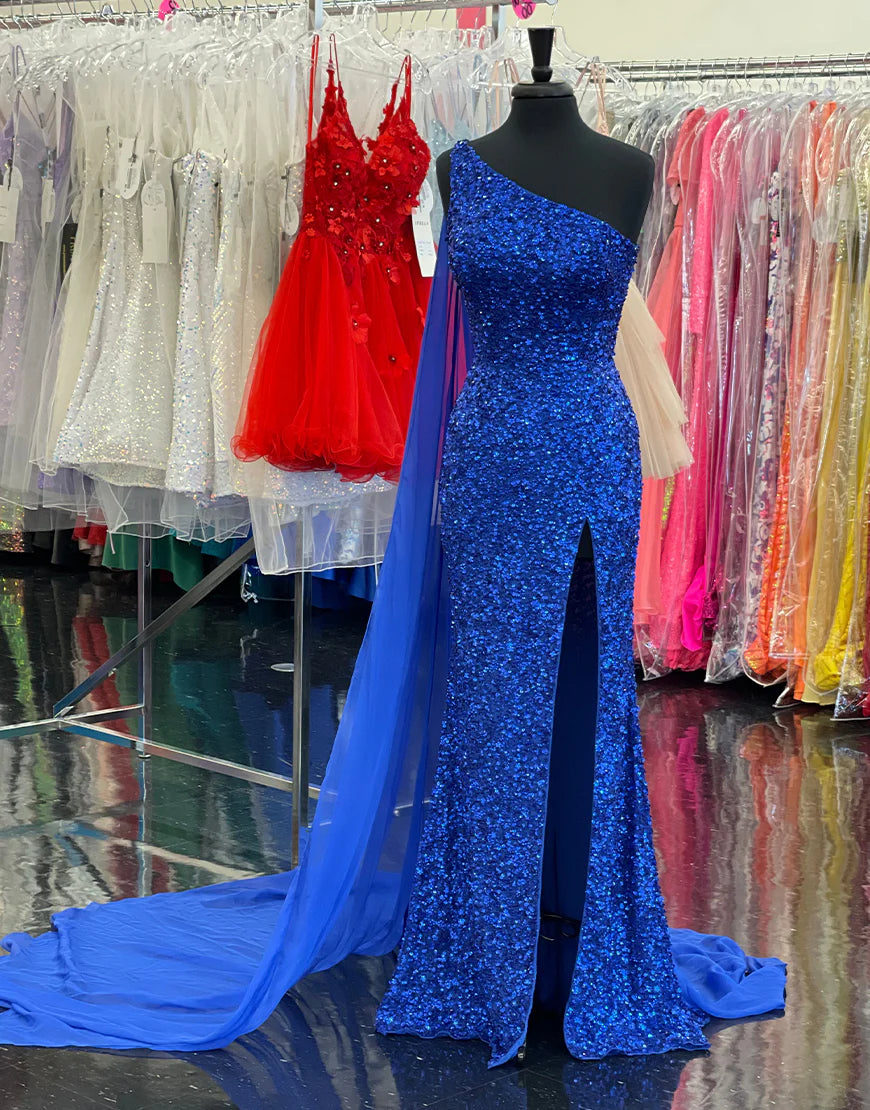 One Shoulder Sequin Prom Dress with Floating Sleeves