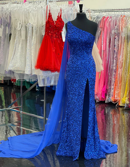 One Shoulder Sequin Prom Dress with Floating Sleeves