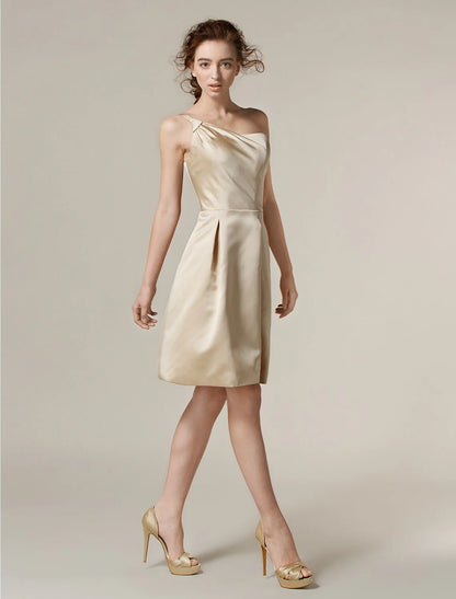 A-Line One Shoulder Knee Length Satin Bridesmaid Dress with Pleats