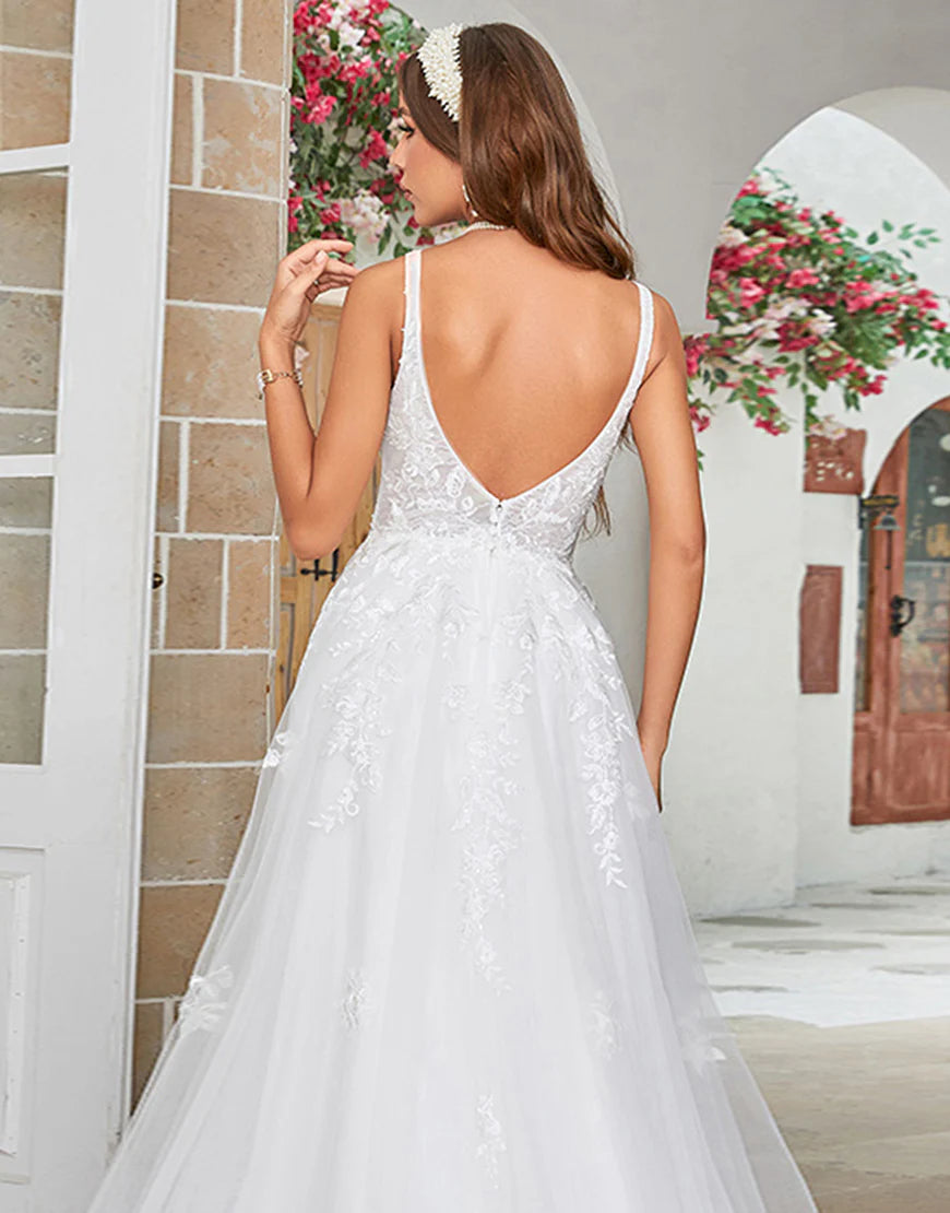 V-Neck Sweep Train Wedding Dress with Lace