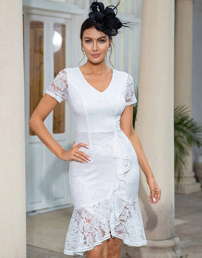 Sheath V Neck White Lace Dress