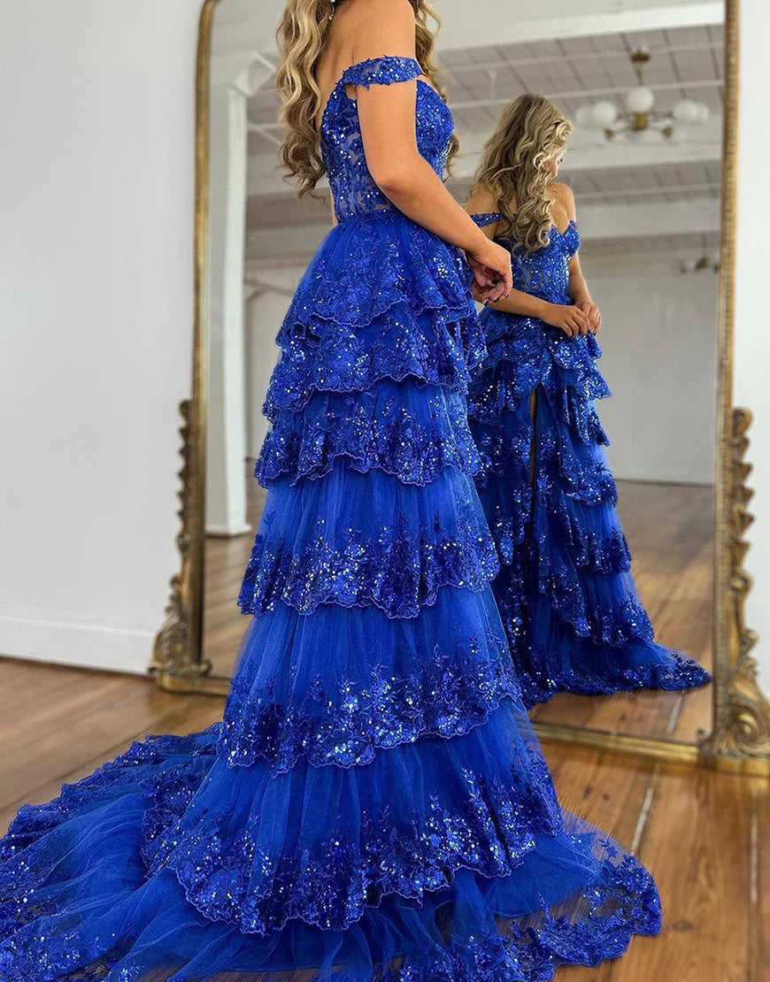 A-Line V Neck Tiered Long Prom Dress With Slit