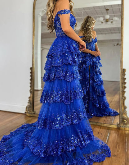 A-Line V Neck Tiered Long Prom Dress With Slit