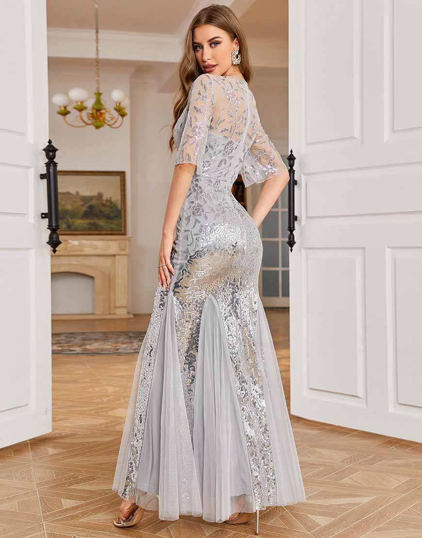 Grey Sequined Mermaid Wedding Guest Dress