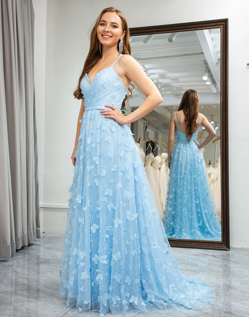 A Line Spaghetti Straps Beaded Prom Dress With Slit