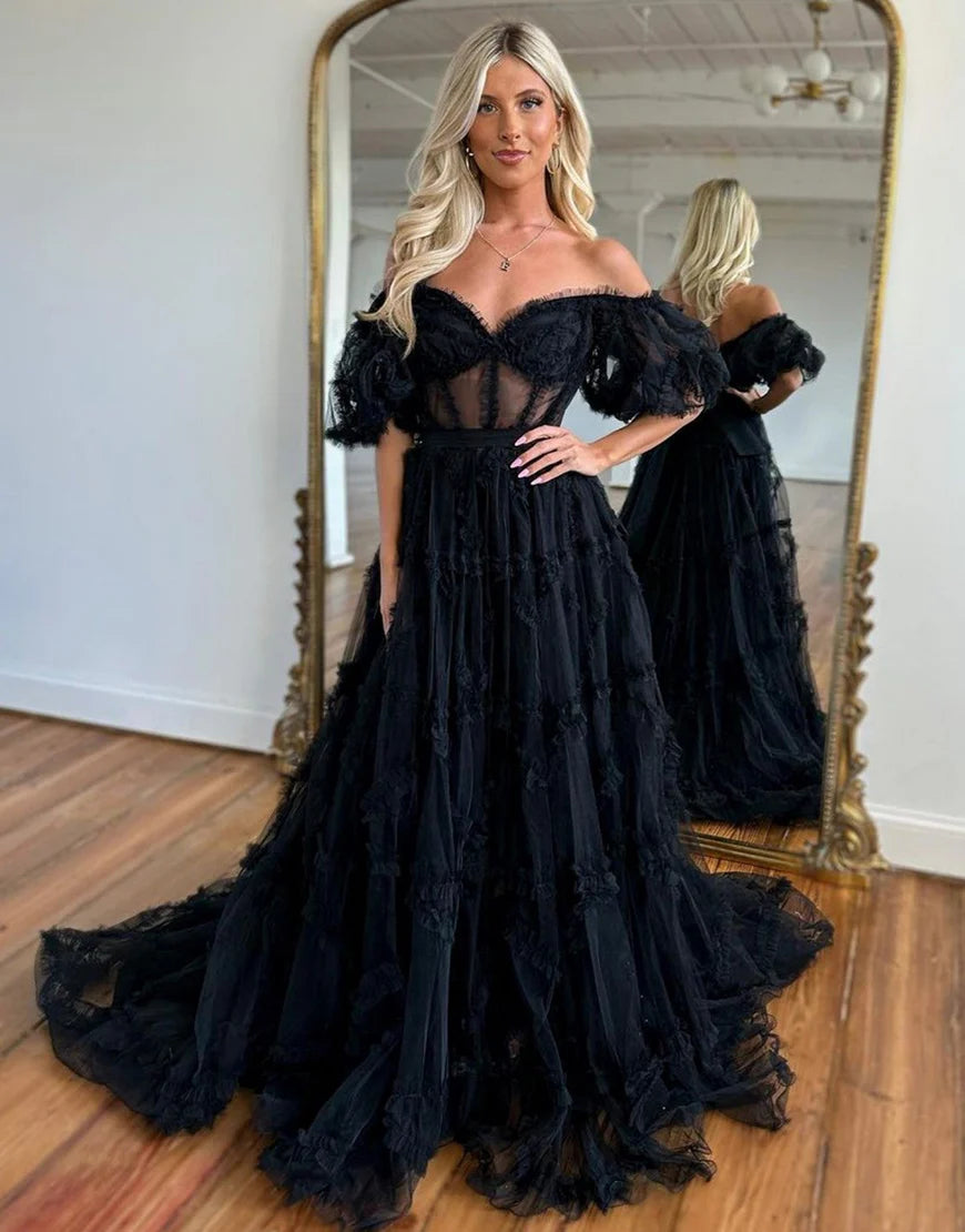 A Line Off The Shoulder Tulle Long Prom Dress