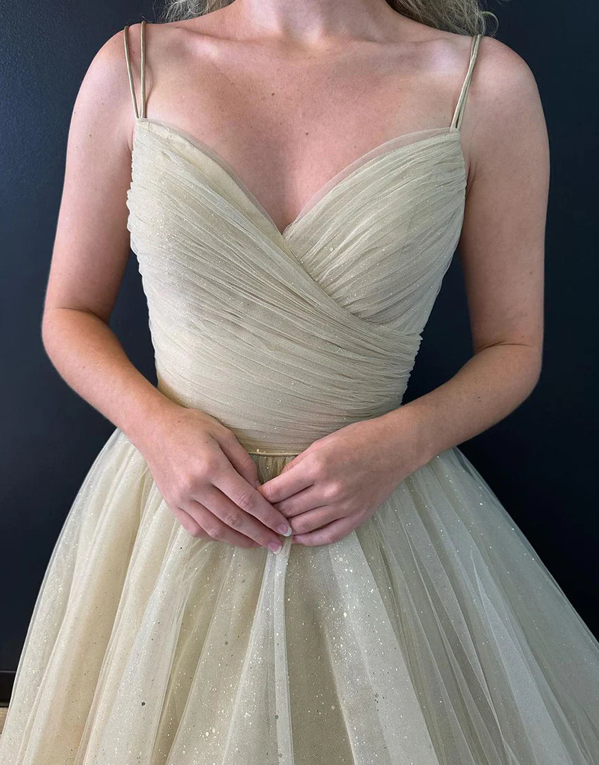 A Line V Neck Tulle Long Prom Dress