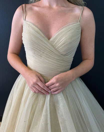 A Line V Neck Tulle Long Prom Dress