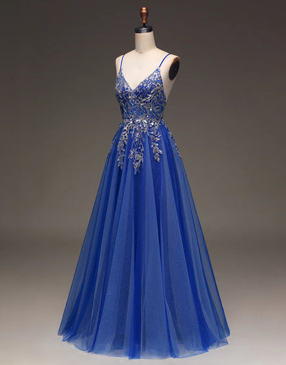 A Line Spaghetti Straps Royal Blue Long Prom Dress with Appliques