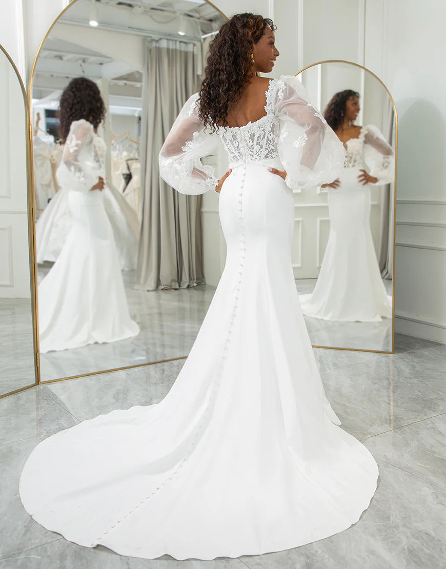 A Line Lace Long Sleeve Long Bridal Dress