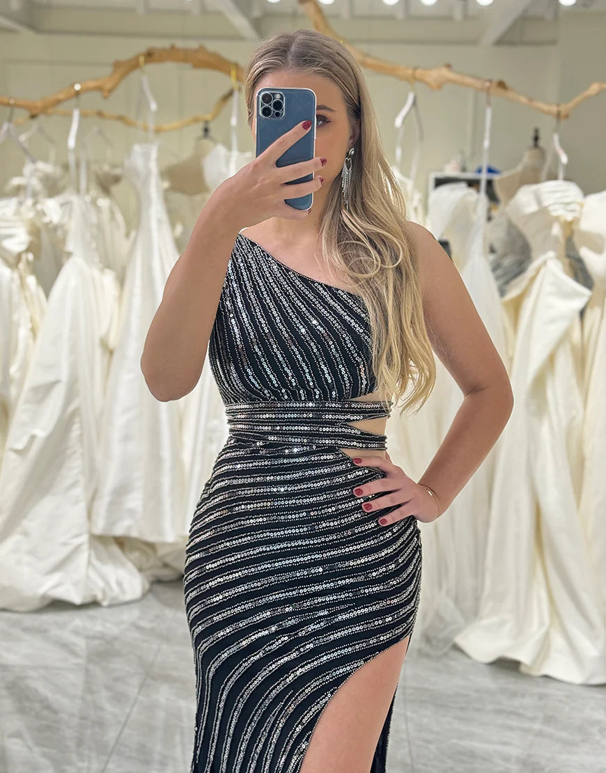 Sequins Waist Cut Out Prom Dress with Slit