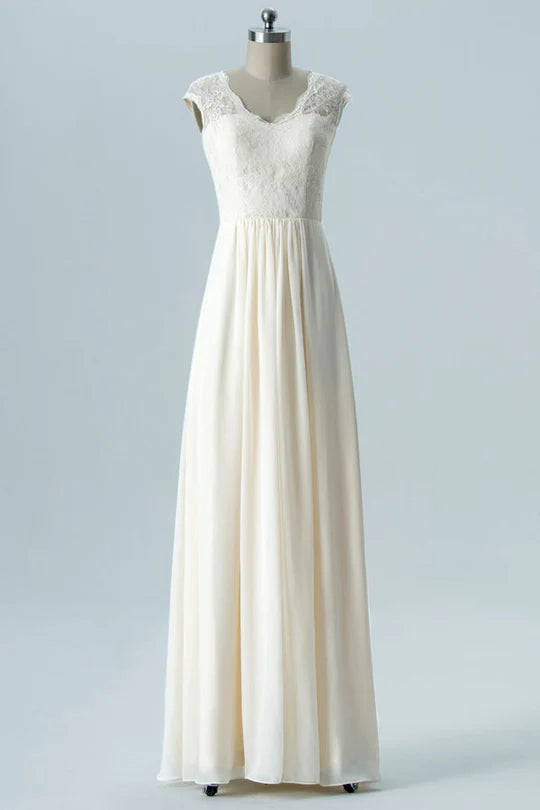 Off-White V-Neck Embroidered Backless Sleeveless Bridesmaid Dress