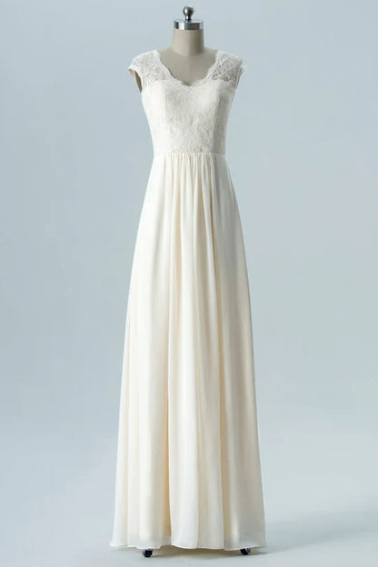 Off-White V-Neck Embroidered Backless Sleeveless Bridesmaid Dress