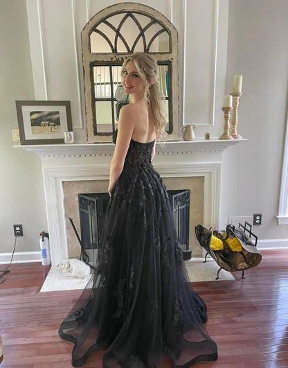 Sweetheart Long Tulle Black Prom Dress
