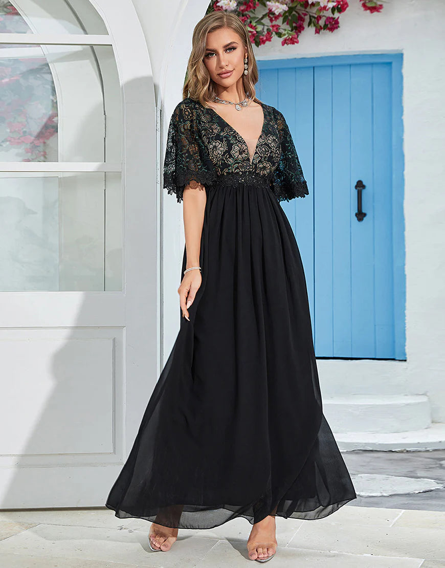 A-line Deep V-neck Short Sleeves Mother of Bride Dress