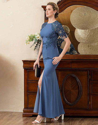 Blue Mermaid Open Back Mother of the Bride Dress with Slit