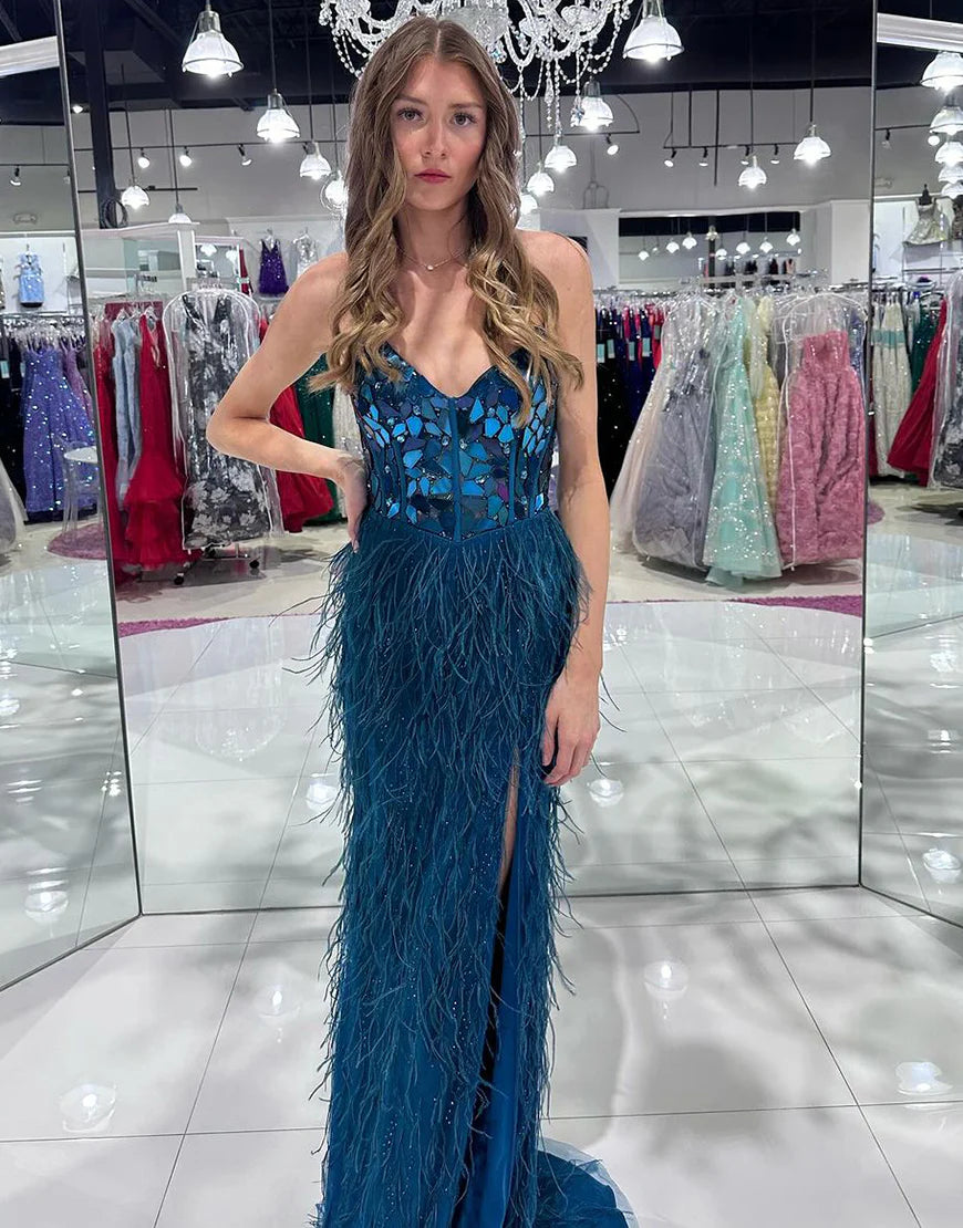 Tea Blue Mermaid Cut Mirror Sequin Prom Dress With Feathers