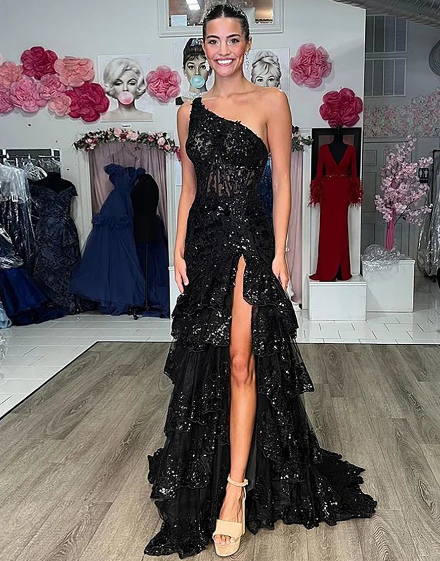One Shoulder A-Line Tiered Long Prom Dress With Slit