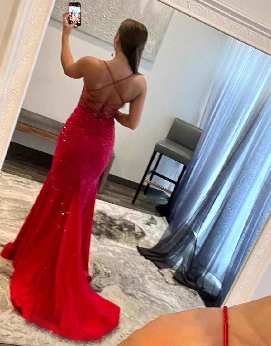 V-neck Beaded Mermaid Long Prom Dress