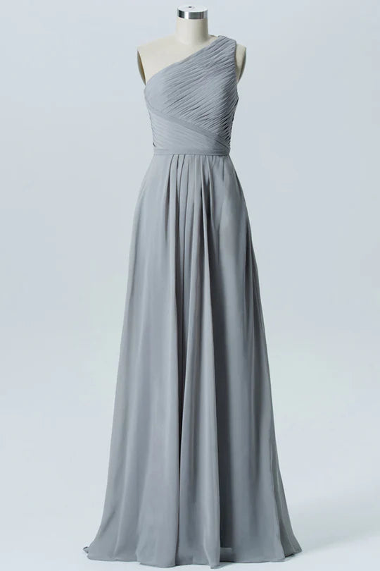 Grey Chiffon One-Shoulder Sleeveless Pleats Long Bridesmaid Dress