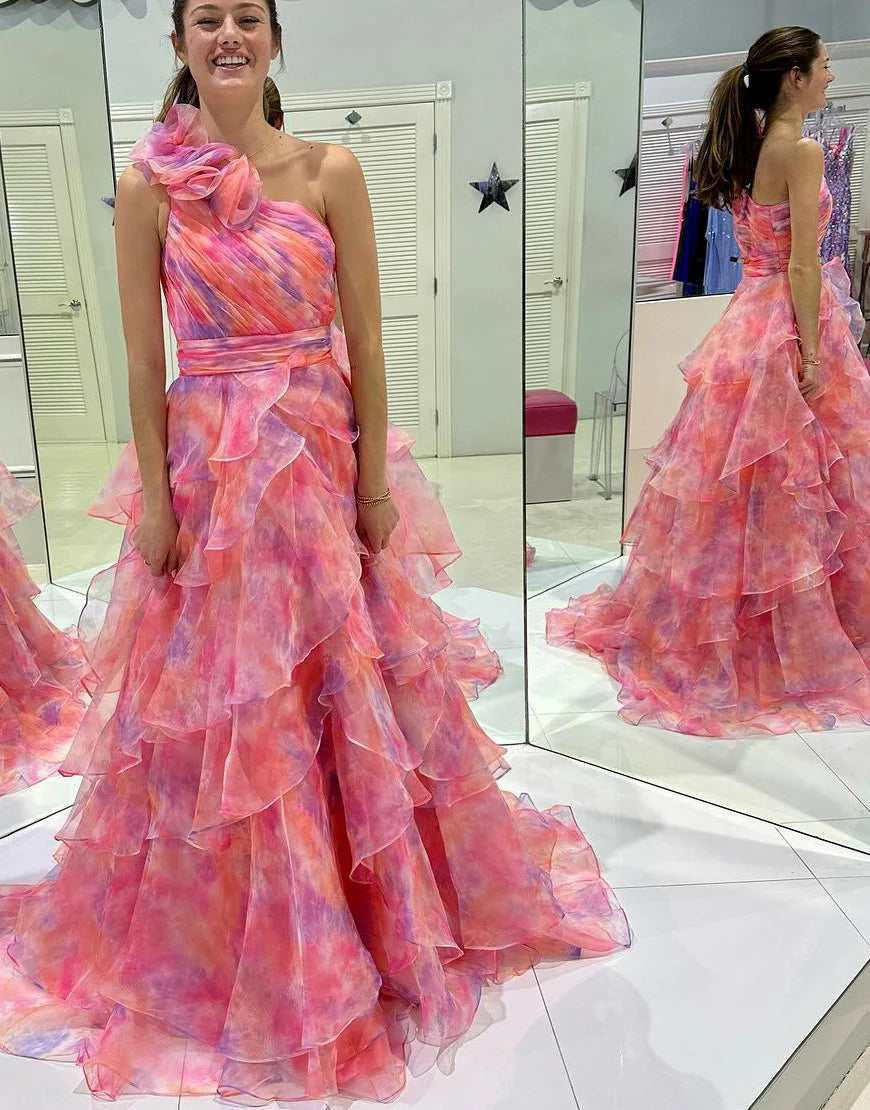 Print A Line One Shoulder Tiered Long Prom Dress