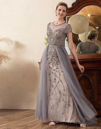 A Line Tulle Beaded Glitter Mother of Bride Dress