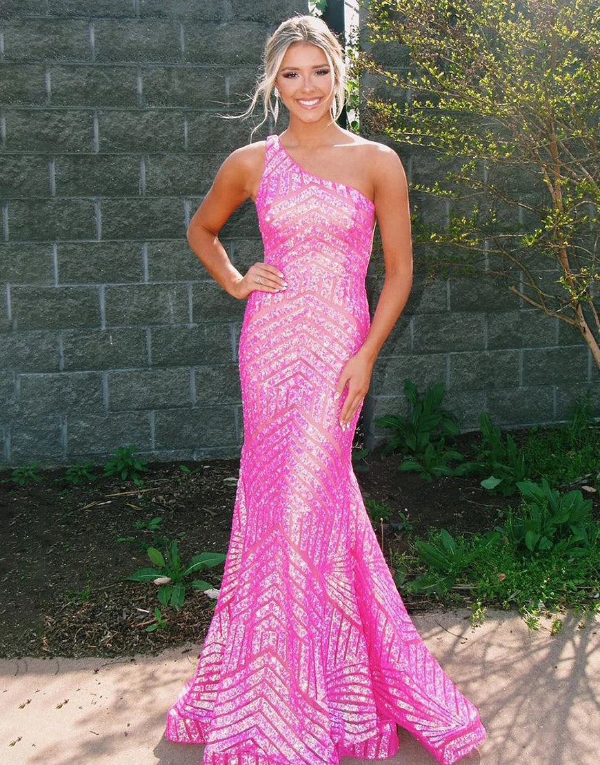 Mermaid Sequin Hot Pink One Shoulder Prom Dress