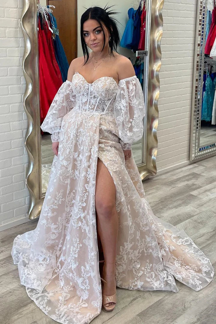 Sparkle Princess  Bustier Puff Sleeve Lace Long Prom Gown
